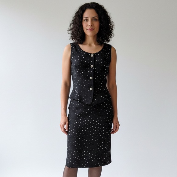 Vintage Dana Buchman Black & White Polka Dot Two-Piece Top & Skirt Set Size 10 - Picture 1 of 12